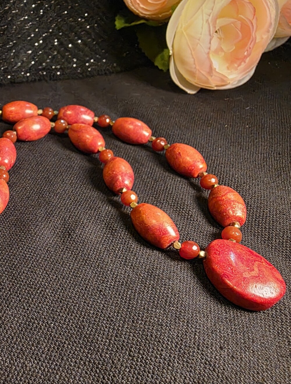 Vintage 14K Gold Filled Dyed Sponge Coral & Carnelian Necklace